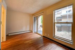 Boulder condo for rent - a living room with a large window and wooden floors