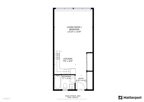Floor plan for studio, 1 bath, 425 sqft
