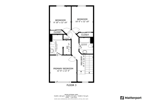 Floor plan for 3 beds, 2.5 baths, 1491 sqft