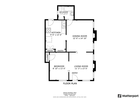 Floor plan for 1 bed, 1 bath, 800 sqft