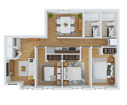 Floor plan for 3 beds, 2 baths, 664 sqft