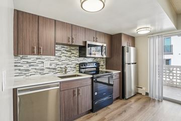 Denver apartment for rent - A kitchen with wooden cabinets and a stone backsplash.