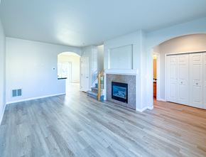 Thornton apartment for rent - A spacious living room with a fireplace and wood flooring.