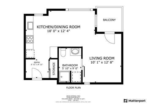 Floor plan for studio, 1 bath, 480 sqft