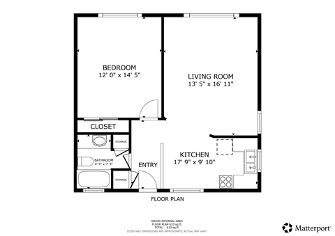 Floor plan for 1 bed, 1 bath, 700 sqft