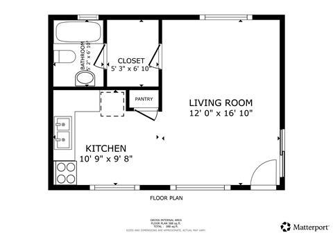 Floor plan for studio, 1 bath, 500 sqft