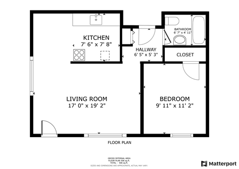 Floor plan for 1 bed, 1 bath, 550 sqft