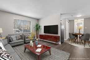 Denver apartment for rent - A modern living room with a grey sofa, a wooden coffee table, and a television.