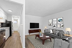 Denver apartment for rent - A living room with a grey couch and a coffee table.