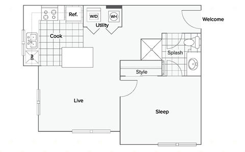 Floor plan for 1 bed, 1 bath, 644 sqft