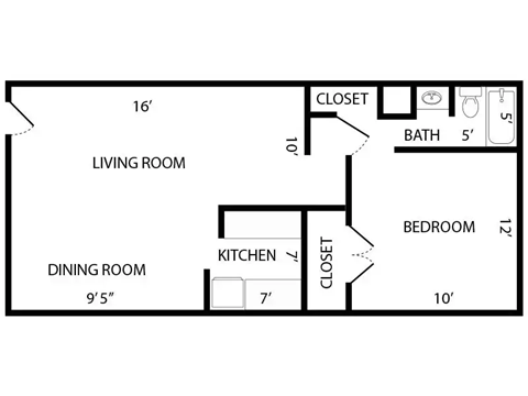 Floor plan for 1 bed, 1 bath, 600 sqft
