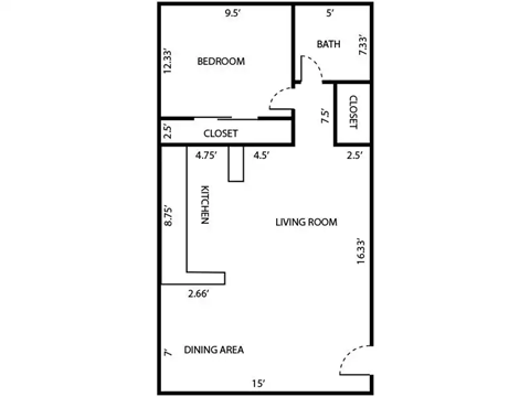 Floor plan for 1 bed, 1 bath, 600 sqft