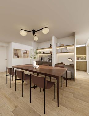 Boulder apartment for rent - a dining room with a wooden table and chairs