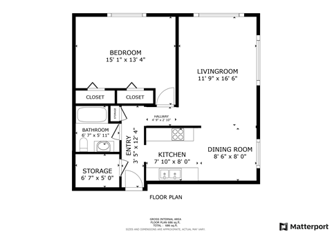 Floor plan for 1 bed, 1 bath, 650 sqft