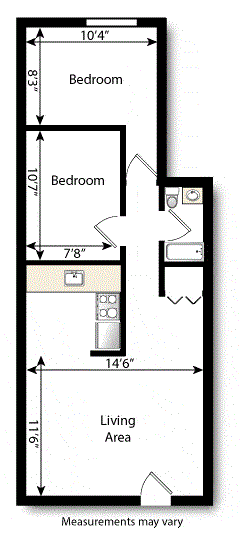 Floor plan for 2 beds, 1 bath, 800 sqft
