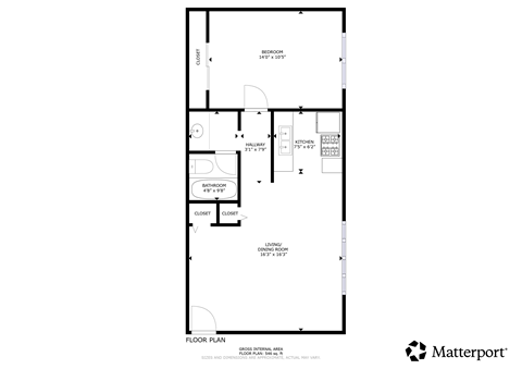 Floor plan for 1 bed, 1 bath, 583 sqft