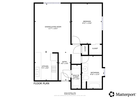 Floor plan for 1 bed, 1 bath, 738 sqft