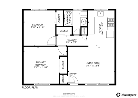 Floor plan for 2 beds, 1 bath, 800 sqft