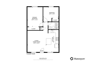 Boulder apartment for rent - A floor plan for a home with a bedroom, living/dining room, kitchen, and bathroom.