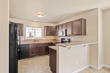 Castle Rock apartment for rent - A kitchen with brown cabinets and a black refrigerator.