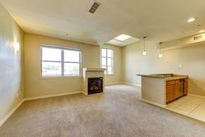 Boulder apartment for rent - A spacious living room with a fireplace and a kitchenette.
