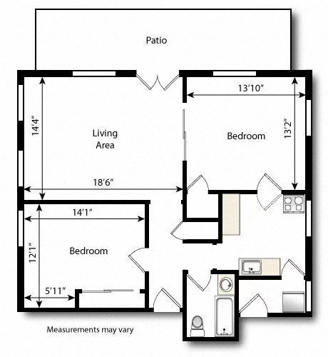 Floor plan for 2 beds, 1 bath, 950 sqft