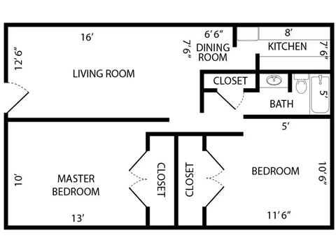 Floor plan for 2 beds, 1 bath, 850 sqft