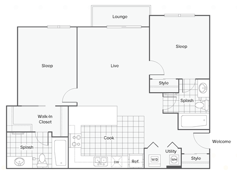 Floor plan for 2 beds, 2 baths, 415 sqft
