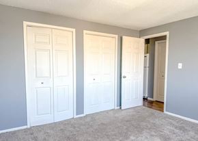 Englewood apartment for rent - A room with three white doors and a carpeted floor.