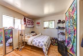 Boulder apartment for rent - a bedroom with two beds and a large painting on the wall