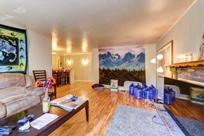 Boulder apartment for rent - a living room with a fireplace and a large painting on the wall