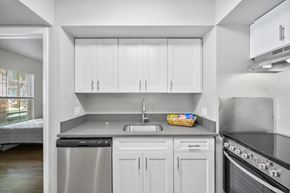 Fort Collins townhouse for rent - a small kitchen with white cabinets and stainless steel appliances