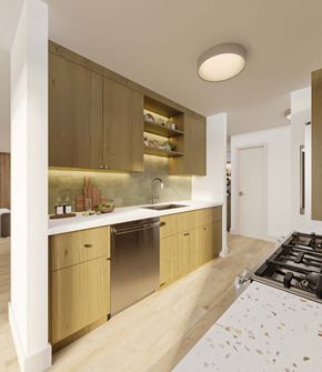 Boulder apartment for rent - a kitchen with wooden cabinets and a counter top