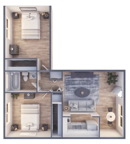Floor plan for 2 beds, 1 bath, 750 sqft