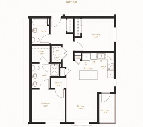 Floor plan for 2 beds, 2 baths, 960 sqft