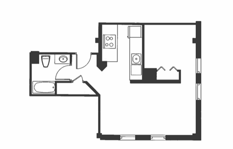 Floor plan for 1 bed, 1 bath, 580 sqft
