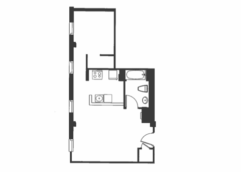 Floor plan for 1 bed, 1 bath, 604 sqft