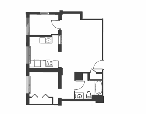 Floor plan for 1 bed, 1 bath, 631 sqft