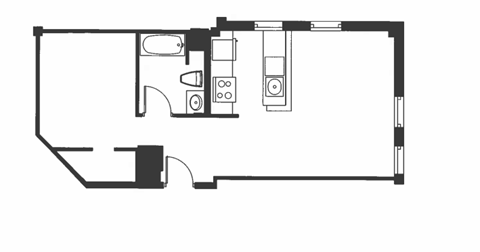 Floor plan for 1 bed, 1 bath, 651 sqft