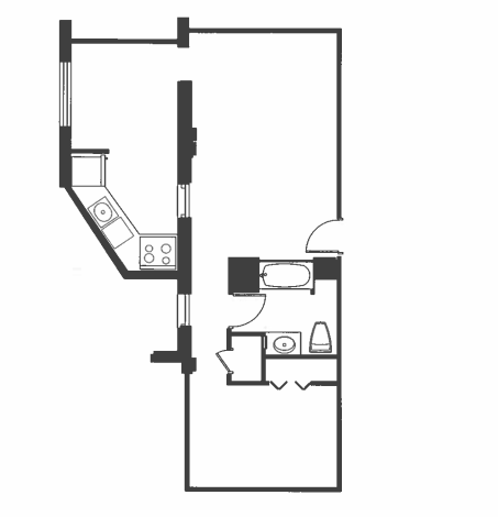 Floor plan for 1 bed, 1 bath, 652 sqft