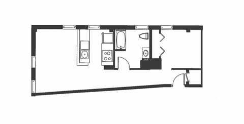 Floor plan for 1 bed, 1 bath, 604 sqft