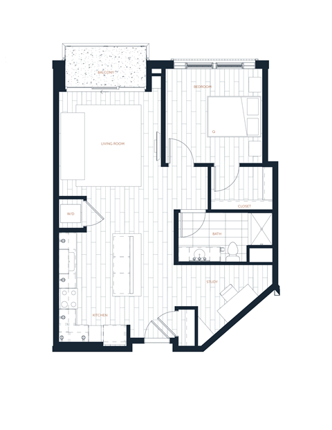 Floor plan for 1 bed, 1 bath, 869 sqft