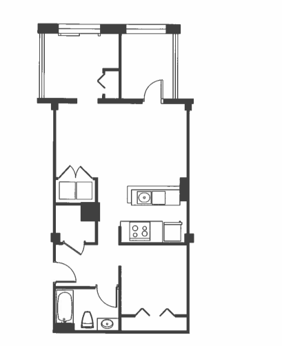 Floor plan for 2 beds, 1 bath, 817 sqft