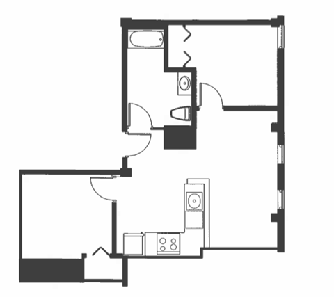 Floor plan for 2 beds, 1 bath, 774 sqft