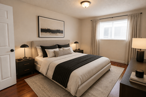 Aurora apartment for rent - A bedroom with a large bed and a painting on the wall.