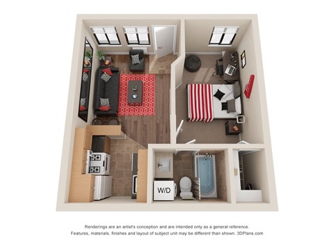 Floor plan for 1 bed, 1 bath, 400 sqft
