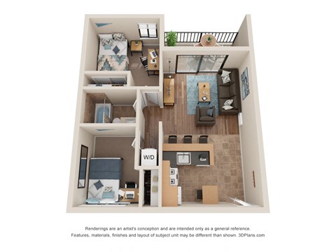 Floor plan for 2 beds, 1 bath, 585 sqft