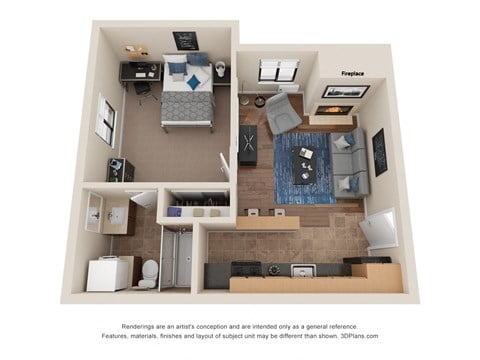Floor plan for 1 bed, 1 bath, 425 sqft