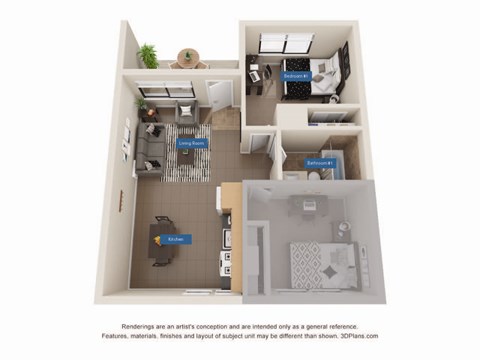 Floor plan for 1 bed, 1 bath, 585 sqft