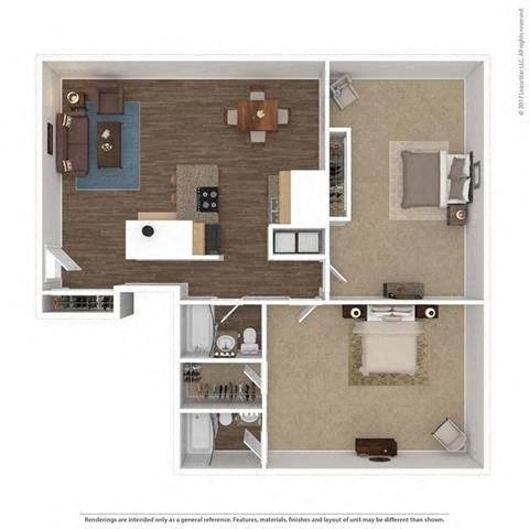 Floor plan for 2 beds, 2 baths, 1075 sqft